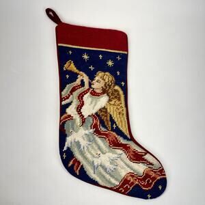 Vintage Imperial Elegance Wool Needlepoint Christmas Angel Stocking Velvet Red
